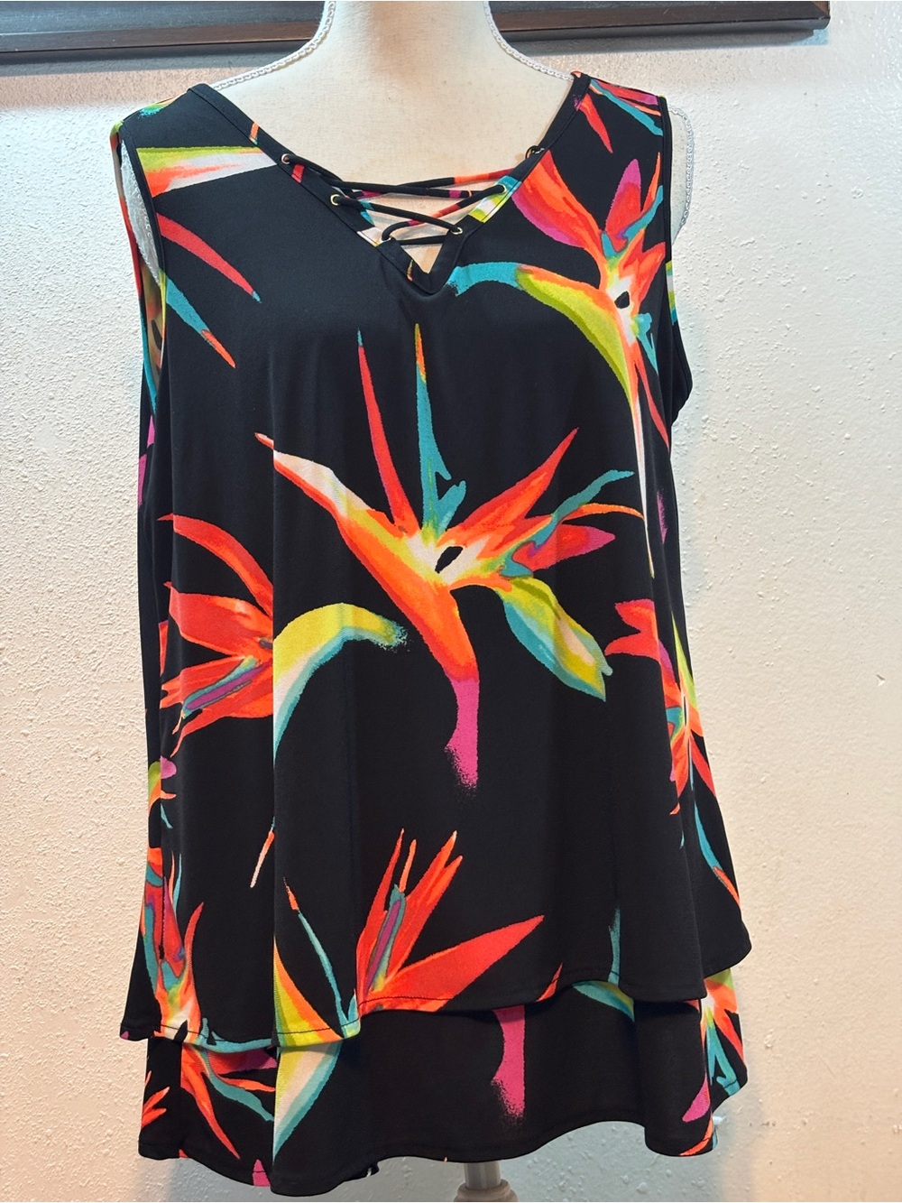 Worthington Black Tropical Floral Lace-Up Tank